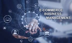 E-commerce business management concept with digital icons and online shopping symbols