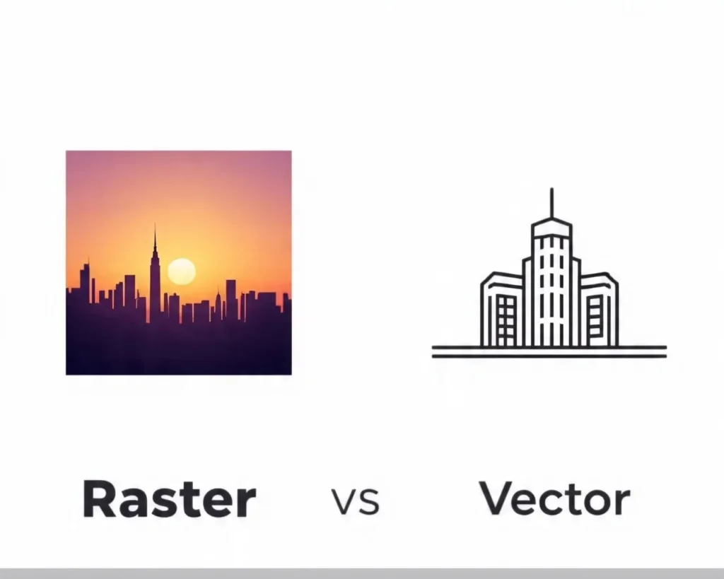 Raster vs vector graphics comparison with sunset city photo and simple building line art