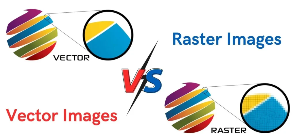 Vector images vs raster images comparison showing smooth scalable vector vs pixelated raster