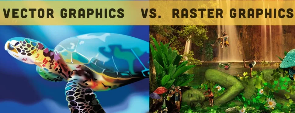 Comparison of vector graphics vs raster graphics with turtle illustration and waterfall scene