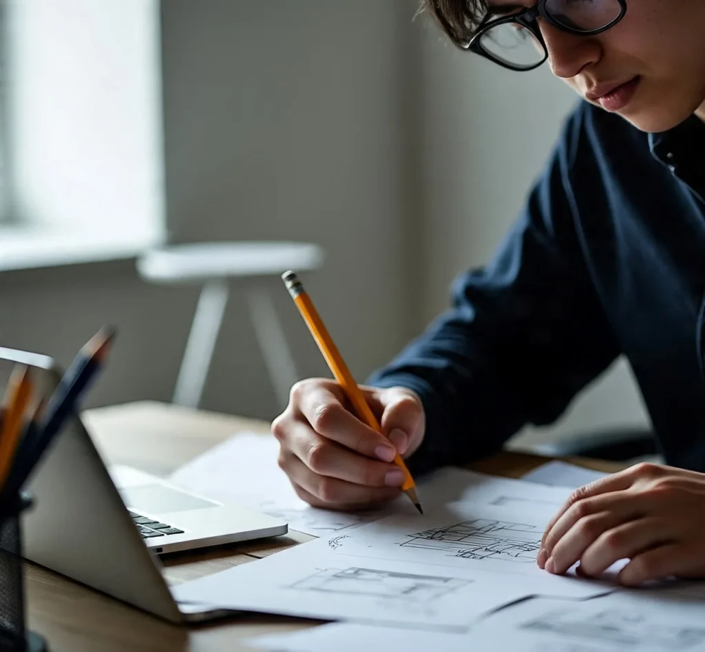Designer sketching layout and composition ideas on paper with a pencil beside a laptop.
