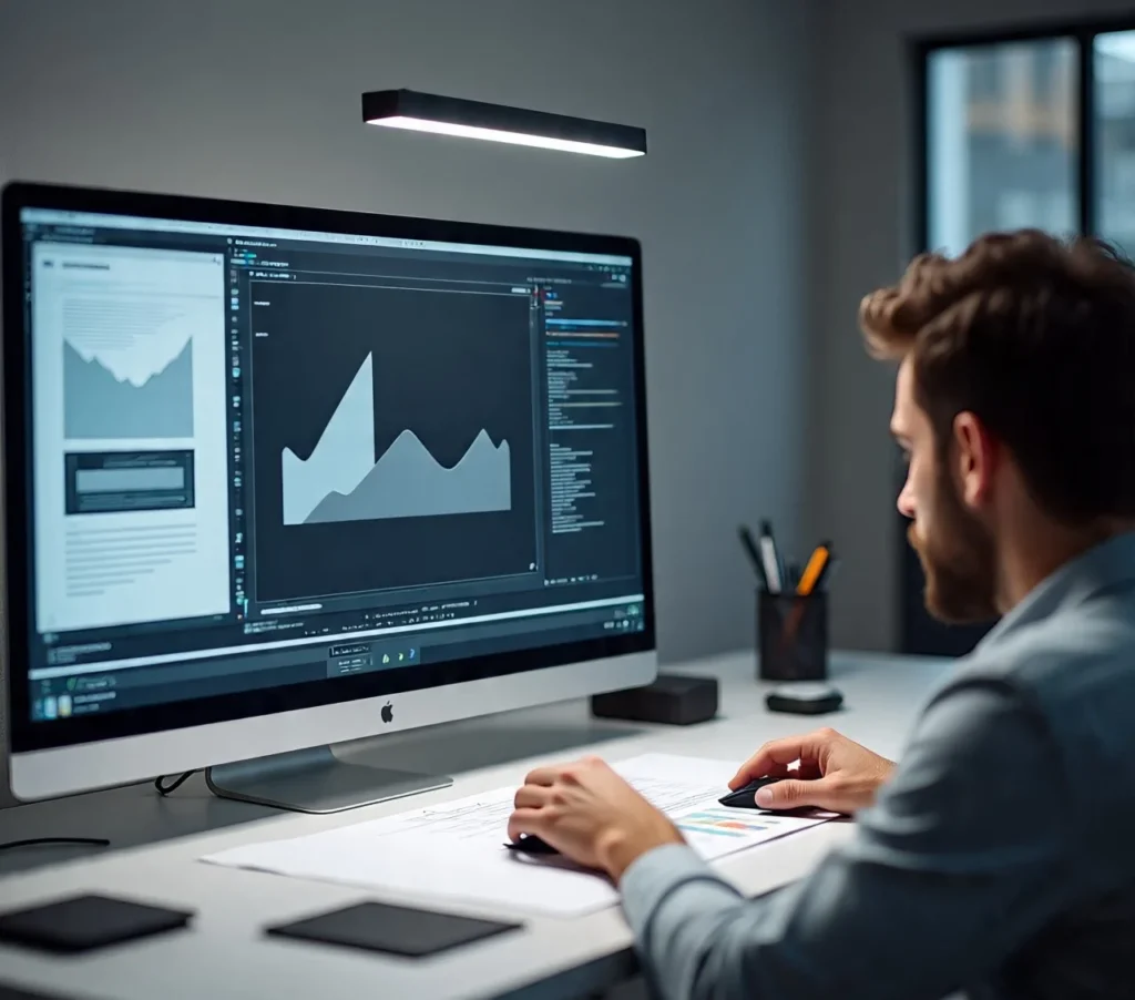 Layout and Composition Principles .Designer working on a computer with charts and graphs displayed on a large screen in a modern office.