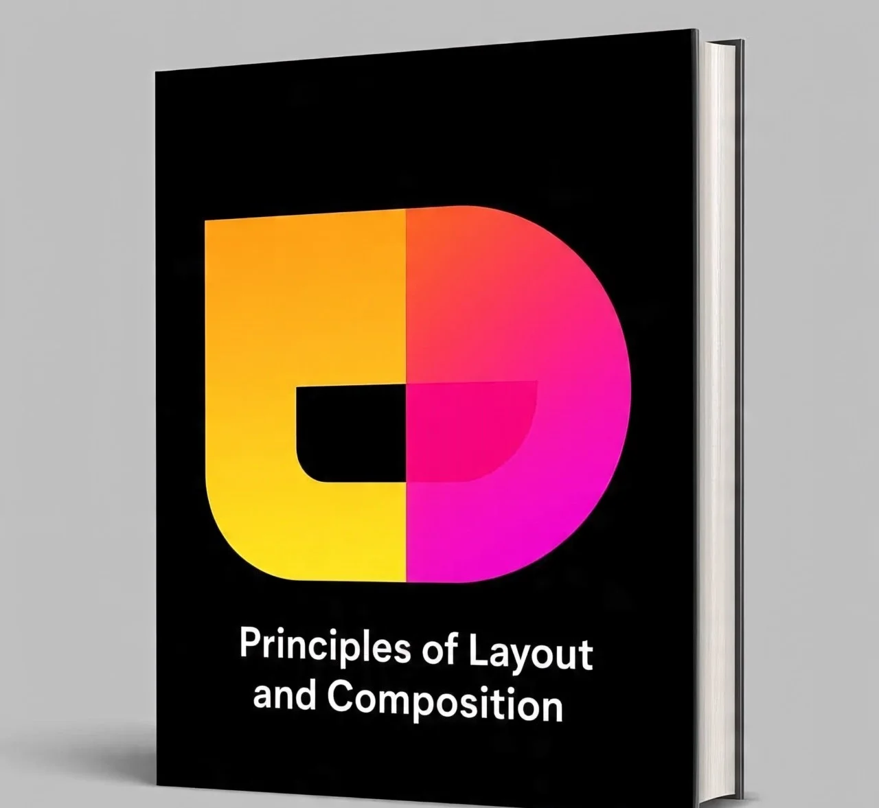 Book cover design of "Principles of Layout and Composition" with a colorful abstract logo in yellow and pink on a black background.